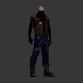 Bald Man in Dark Brown Vest Dark Pants Black Gloves and Boots Against Gray Background