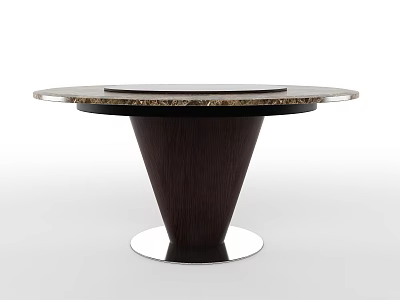 Round Dining Table With Marble Top And Dark Brown Wooden Conical Silver Metal Stand 3d model