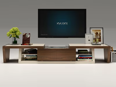 Modern Wooden TV Stand with TV Storage Books Green Plant and Photo Frame 3d model