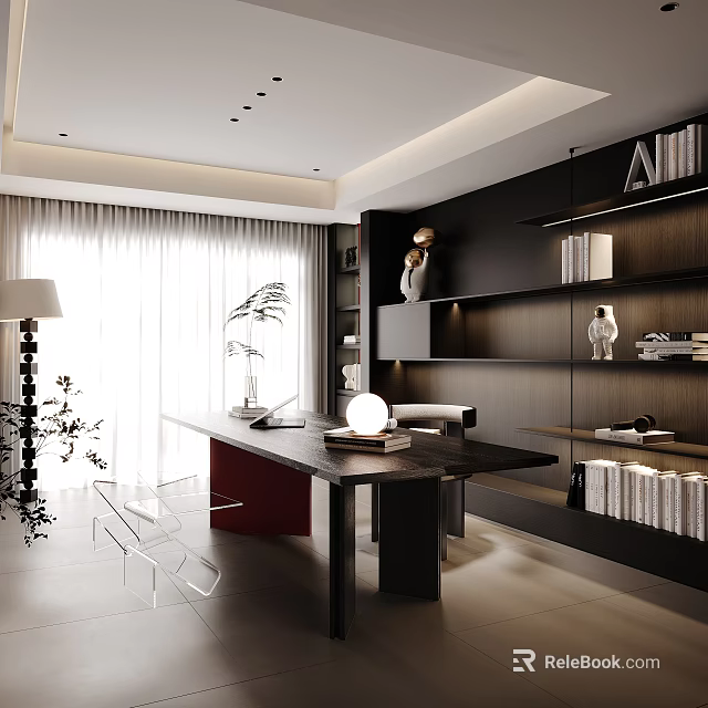 Modern Study Room Interior With Dark Bookshelves Desk Table Lamp Books And Green Plant 3d model 