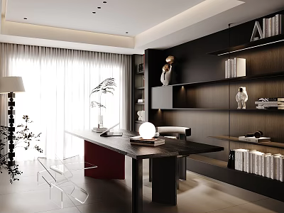 Modern Study Room Interior With Dark Bookshelves Desk Table Lamp Books And Green Plant 3d model