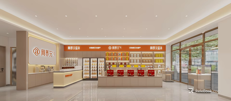 Modern Bright Health Tonic Specialty Store Interior With Neat Product Display Counters And Shelves 3d model 