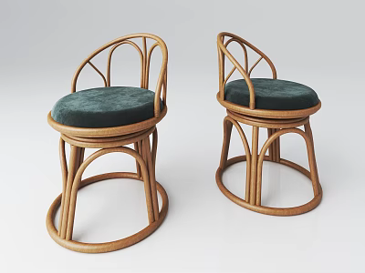 Pair of Modern Rattan Leisure Chairs with Green Velvet Seat Cushions 3d model