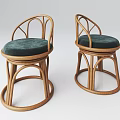 Pair of Modern Rattan Leisure Chairs with Green Velvet Seat Cushions