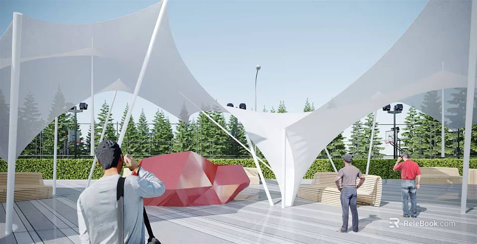 Modern Tensile Membrane Structure in Outdoor Public Space with Green Trees and Red Sculpture 3d model 