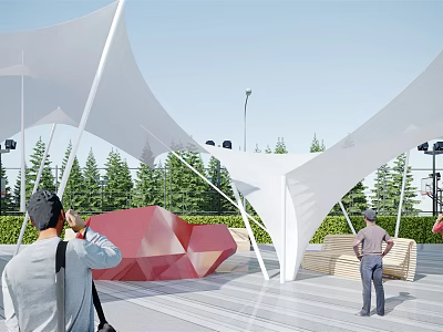 Modern Tensile Membrane Structure in Outdoor Public Space with Green Trees and Red Sculpture 3d model