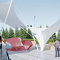 Modern Tensile Membrane Structure in Outdoor Public Space with Green Trees and Red Sculpture