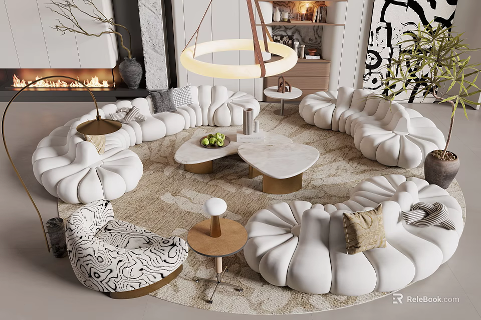 Elegant Modern Living Room Interior With Luxury Soft White Irregular Curved Fabric Sectional Sofas 3d model 