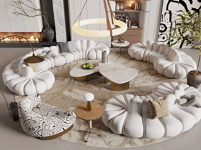 Elegant Modern Living Room Interior With Luxury Soft White Irregular Curved Fabric Sectional Sofas 3d model