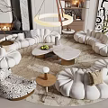 Elegant Modern Living Room Interior With Luxury Soft White Irregular Curved Fabric Sectional Sofas