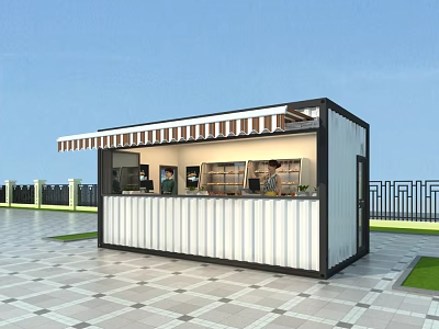 Modern Container Kiosk With Striped Awning And Service Windows In Outdoor Area 3d model
