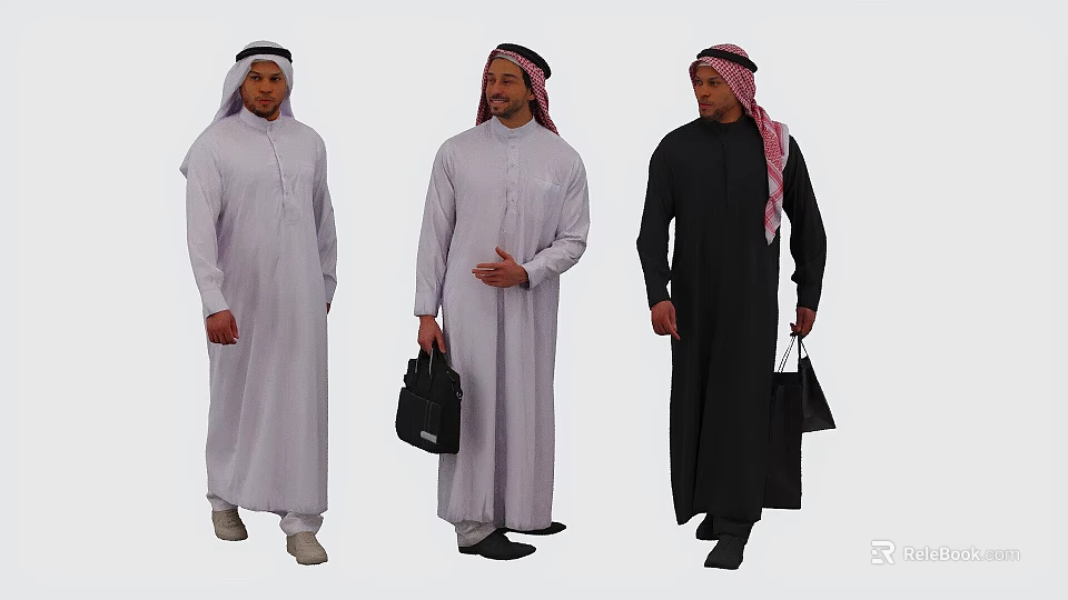 Men wearing traditional white and black thobe with keffiyeh holding black bags standing 3d model 