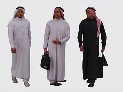 Men wearing traditional white and black thobe with keffiyeh holding black bags standing 3d model