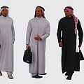 Men wearing traditional white and black thobe with keffiyeh holding black bags standing