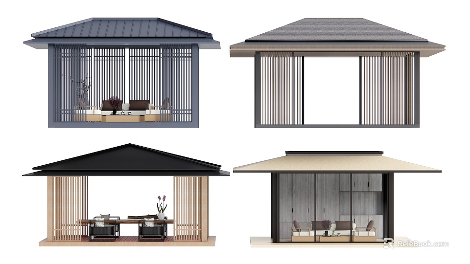 Minimalist Landscape Pavilion With Various Roof Colors Wooden Grilles And Seating Areas 3d model 