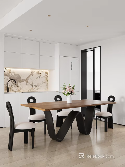 Modern Dining Table Set with Wooden Top Black Chairs and Marble Backsplash in Kitchen 3d model 