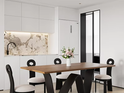 Modern Dining Table Set with Wooden Top Black Chairs and Marble Backsplash in Kitchen 3d model