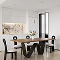 Modern Dining Table Set with Wooden Top Black Chairs and Marble Backsplash in Kitchen