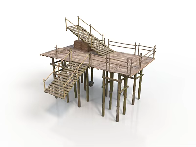 Modern Elevated Wooden Platform With Staircases Railings And Wooden Post Supports 3d model