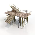 Modern Elevated Wooden Platform With Staircases Railings And Wooden Post Supports