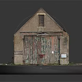 Cartoon Scene Of Old Barn With Gray Roof Red Door And Grass Around Black Base