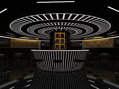 Modern Bar Interior With Circular Ceiling Lighting Design Central Counter High Stools And Decorative Walls 3d model