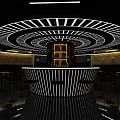 Modern Bar Interior With Circular Ceiling Lighting Design Central Counter High Stools And Decorative Walls