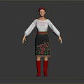 Woman in Traditional Costume Red Headscarf White Embroidered Blouse Black Floral Skirt Red Boots