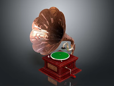 Vintage Copper Phonograph With Green Turntable And Red Carved Wooden Base 3d model