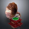 Vintage Copper Phonograph With Green Turntable And Red Carved Wooden Base