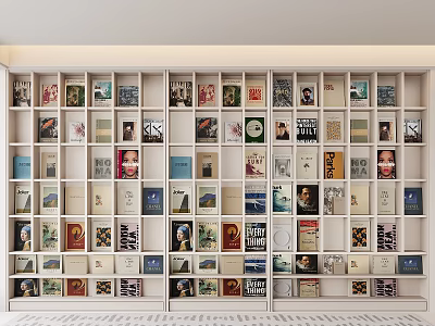 Large White Bookshelf Filled With Various Books And Decorative Artworks In Interior 3d model