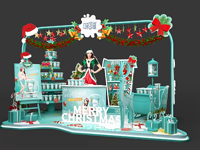 Christmas Photo Check-in Spot With Santa Hat Wreath Gifts And Cake Tower 3d model