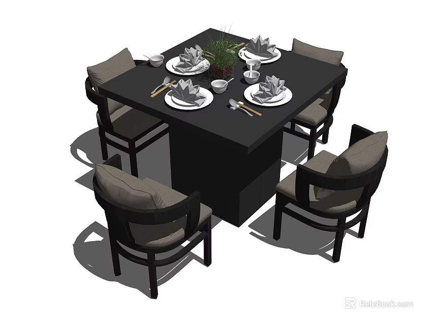 Modern Dining Table Set with Black Table Four Chairs Tableware and Decorative Plant 3d model 