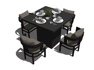 Modern Dining Table Set with Black Table Four Chairs Tableware and Decorative Plant 3d model