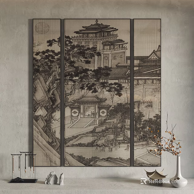 Traditional Chinese Screen Artwork With Ancient Architecture Courtyard And Trees 3d model