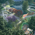 Waterfront Landscape With Serene Pond Lush Trees Winding Paths And Circular Dome Structure