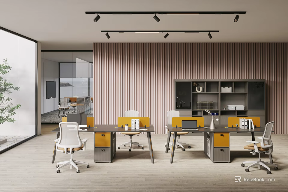 Modern Public Office Area With Yellow Desks White Chairs Striped Wall And Gray Bookshelves 3d model 