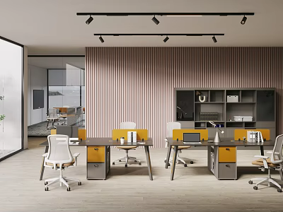 Modern Public Office Area With Yellow Desks White Chairs Striped Wall And Gray Bookshelves 3d model