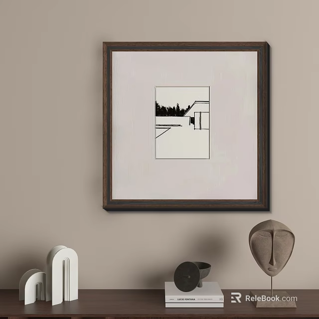 Framed Abstract Painting On Beige Wall With Minimalist Home Decor Elements 3d model