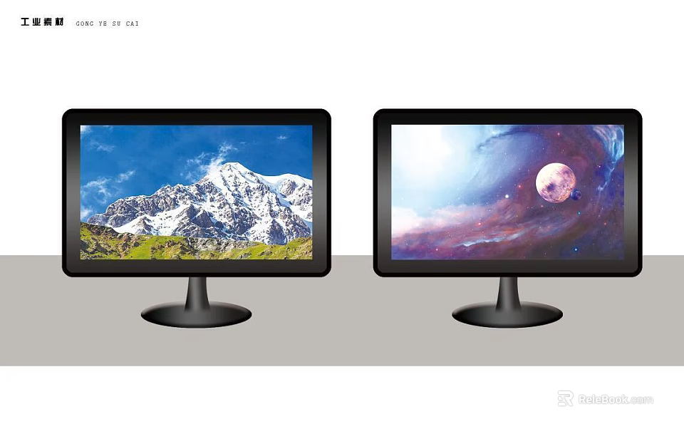 Dual Computer Monitors Displaying Mountain Landscape And Starry Sky With Planet 3d model 