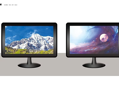 Dual Computer Monitors Displaying Mountain Landscape And Starry Sky With Planet 3d model