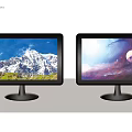 Dual Computer Monitors Displaying Mountain Landscape And Starry Sky With Planet