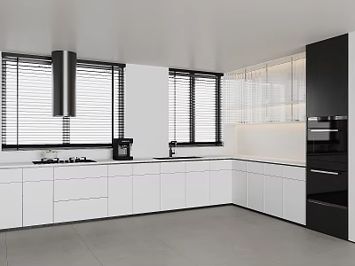Modern Kitchen Interior With White Cabinets Black Appliances And Window Design 3d model