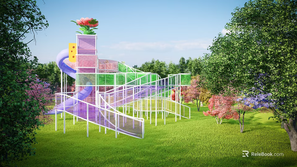 Colorful Outdoor Playground Equipment with Purple Slide Climbing Net and Flower Decoration on Green Lawn 3d model 