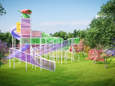 Colorful Outdoor Playground Equipment with Purple Slide Climbing Net and Flower Decoration on Green Lawn 3d model