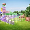 Colorful Outdoor Playground Equipment with Purple Slide Climbing Net and Flower Decoration on Green Lawn