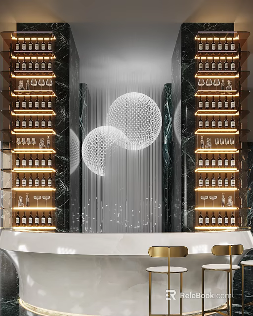 Luxurious Modern Wine Cabinet With Glass Wine Racks Decorative Spheres Built in Lighting And Marble Backdrop 3d model 