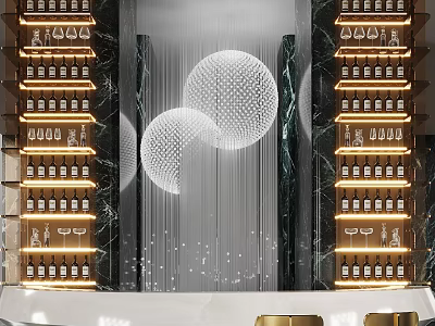 Luxurious Modern Wine Cabinet With Glass Wine Racks Decorative Spheres Built in Lighting And Marble Backdrop 3d model