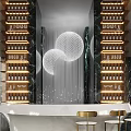 Luxurious Modern Wine Cabinet With Glass Wine Racks Decorative Spheres Built in Lighting And Marble Backdrop