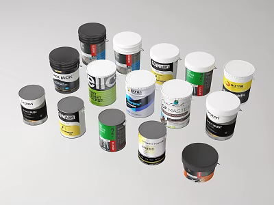 Various Colored Paint Cans With Different Brand Labels On White Background 3d model